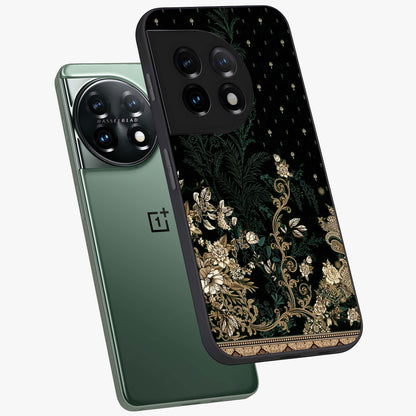 Regal Botanical Tapestry Glass Case for 1+11 angled mockup showcasing glossy finish and rich heritage tones
