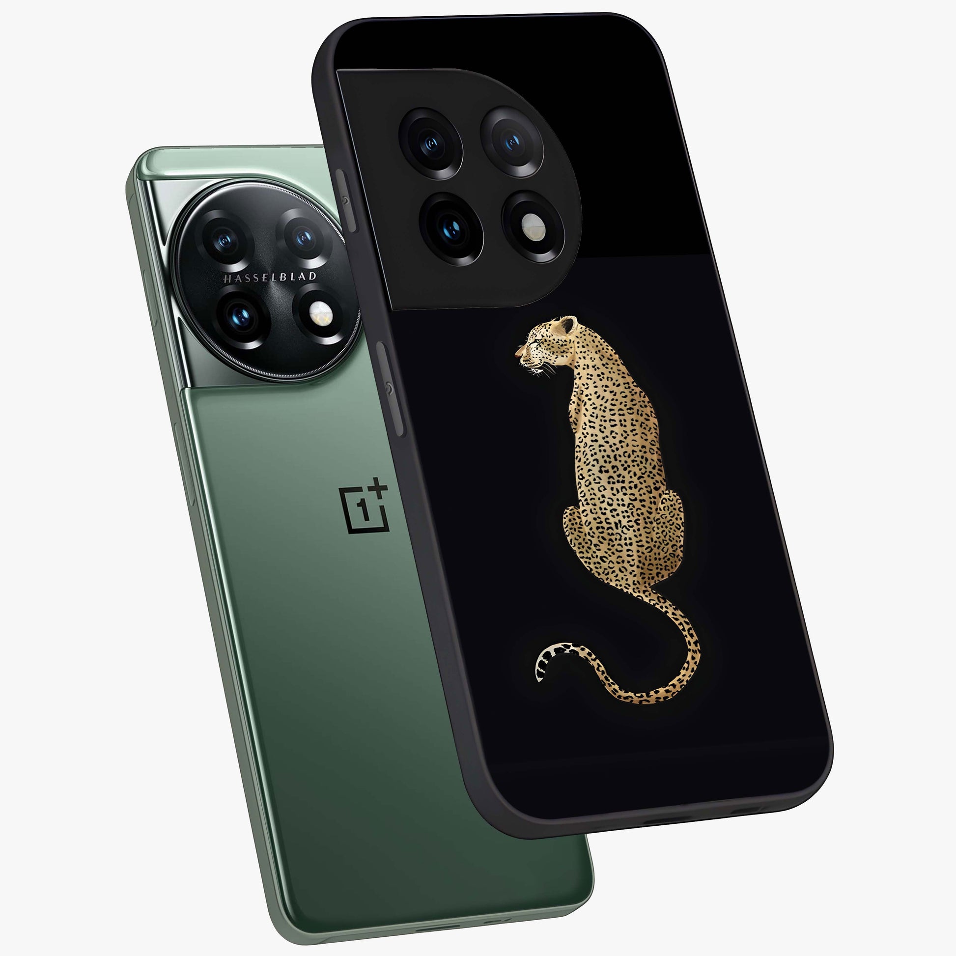 Regal Leopard Glass Case for 1+11 angled mockup showcasing glossy glass finish and detailed animal textures