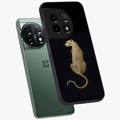 Regal Leopard Glass Case for 1+11 angled mockup showcasing glossy glass finish and detailed animal textures