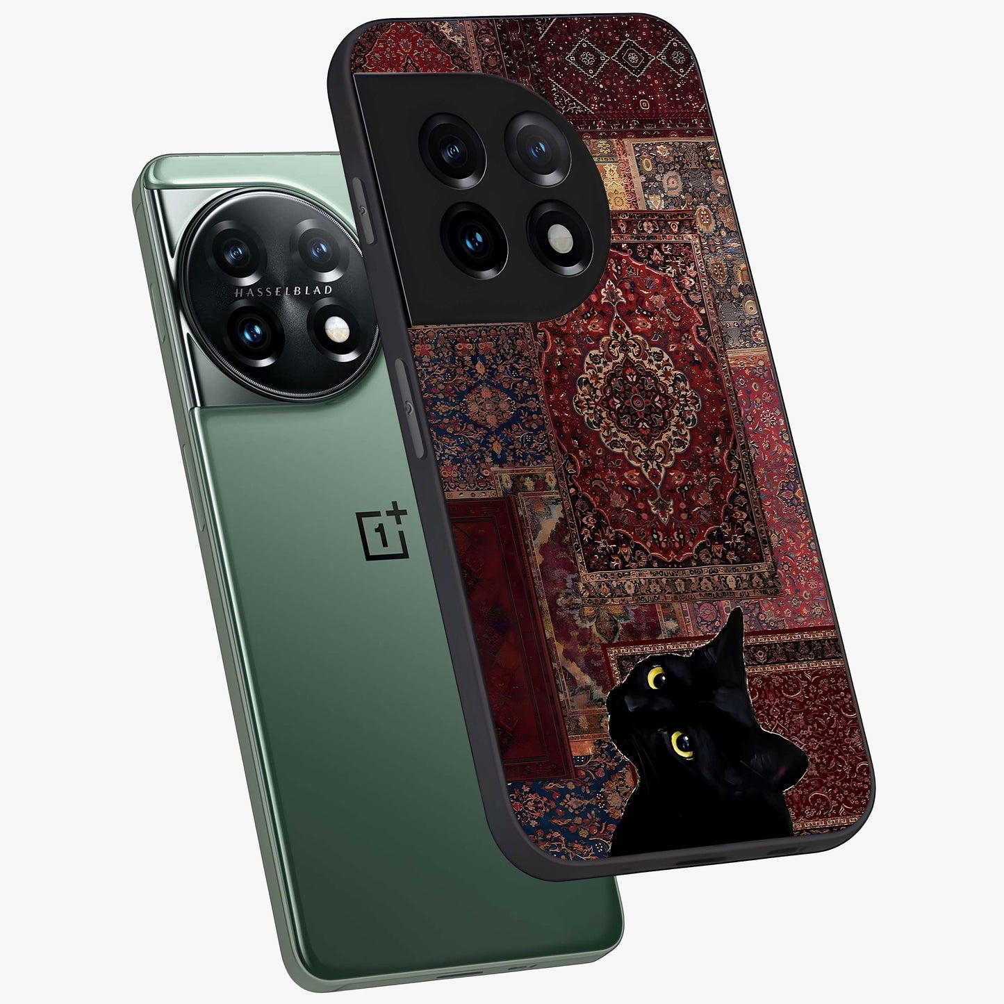 Regal Magic Cat Apple Glass Case for 1+11 angled mockup showcasing glossy finish and vibrant illustration detailing