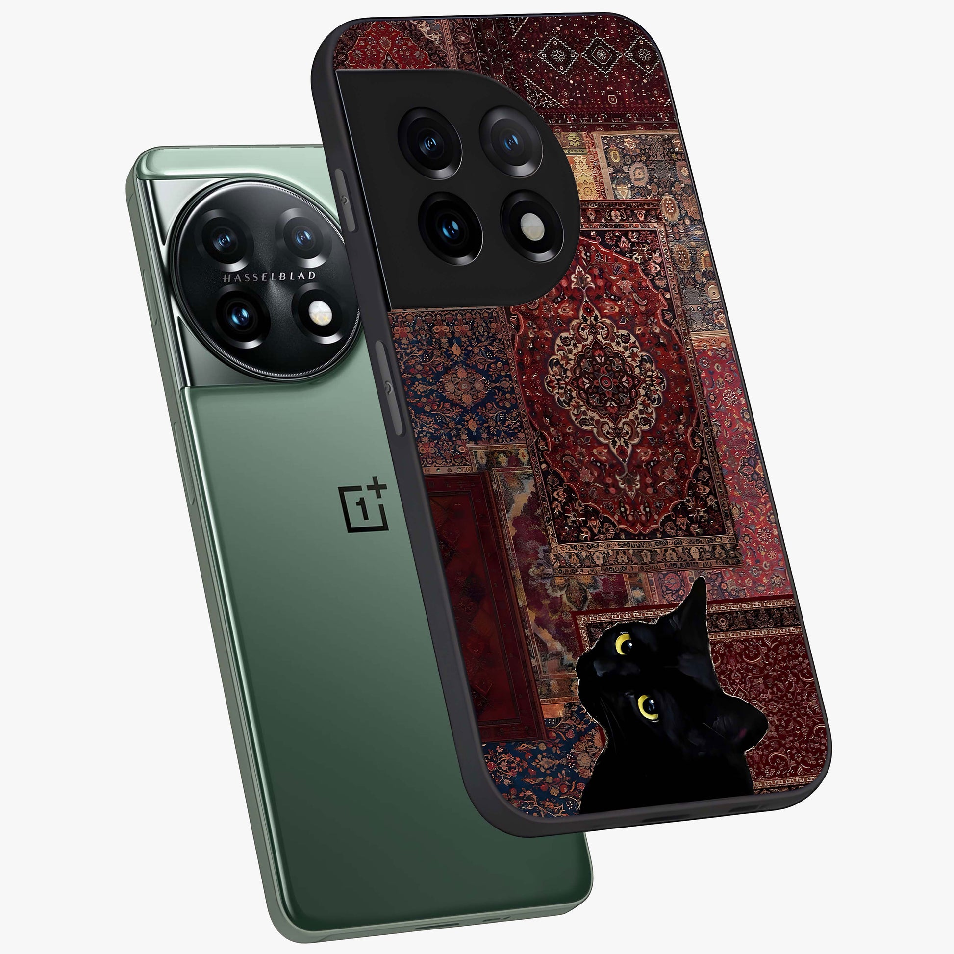 Regal Magic Cat Apple Glass Case for 1+11 angled mockup showcasing glossy finish and vibrant illustration detailing