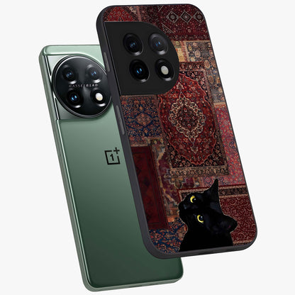 Regal Magic Cat Apple Glass Case for 1+11 angled mockup showcasing glossy finish and vibrant illustration detailing