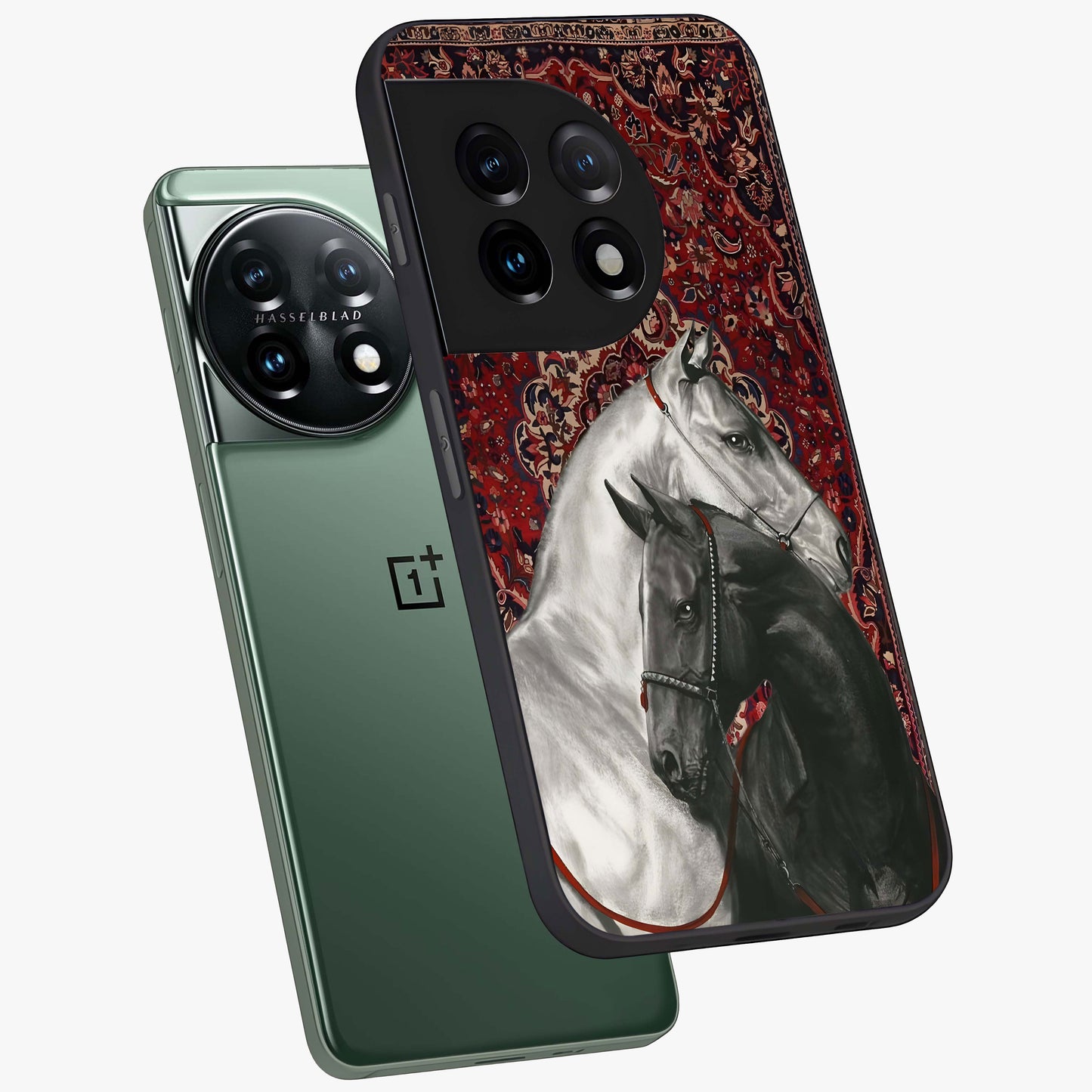 Regal Stallion Tapestry Glass Case for 1+11 angled mockup showcasing glossy finish and rich ornamental tones