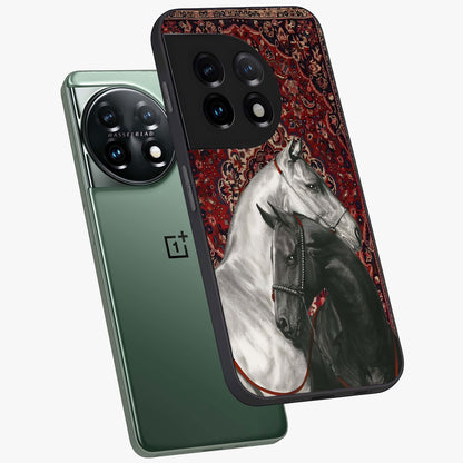 Regal Stallion Tapestry Glass Case for 1+11 angled mockup showcasing glossy finish and rich ornamental tones