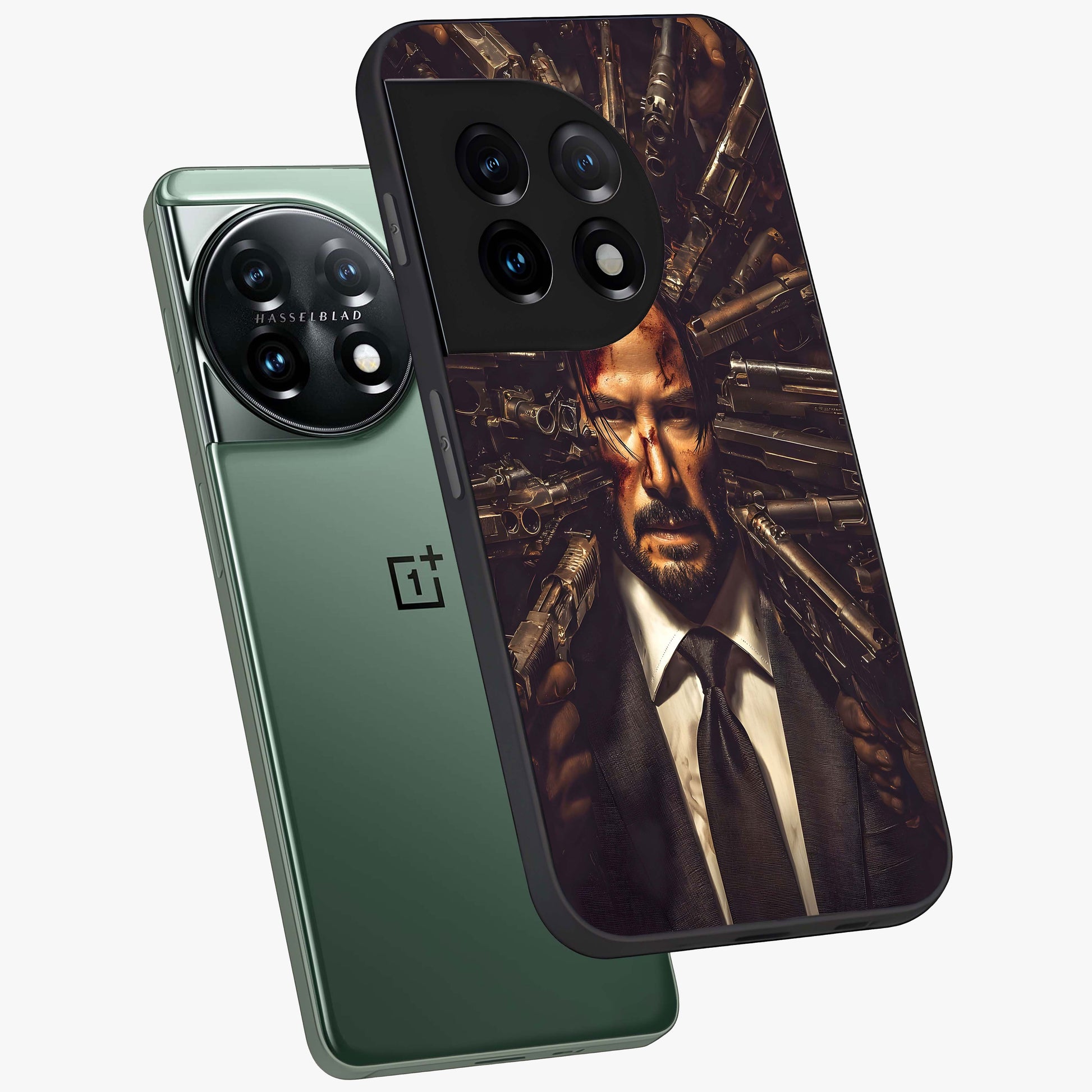 Relentless Shadow Assassin Glass Case for 1+11 angled mockup showcasing glossy finish and dramatic shadow detailing