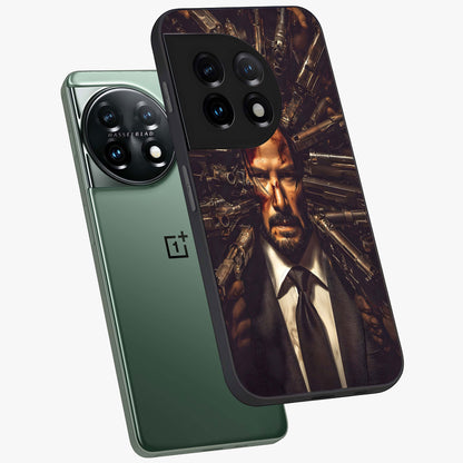 Relentless Shadow Assassin Glass Case for 1+11 angled mockup showcasing glossy finish and dramatic shadow detailing