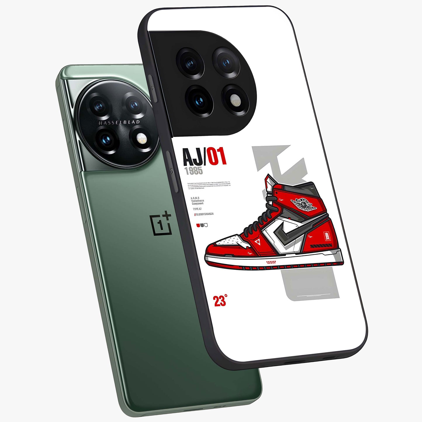 Retro Sneaker Blueprint Glass Case for 1+11 angled mockup showcasing glossy finish and sporty retro detailing