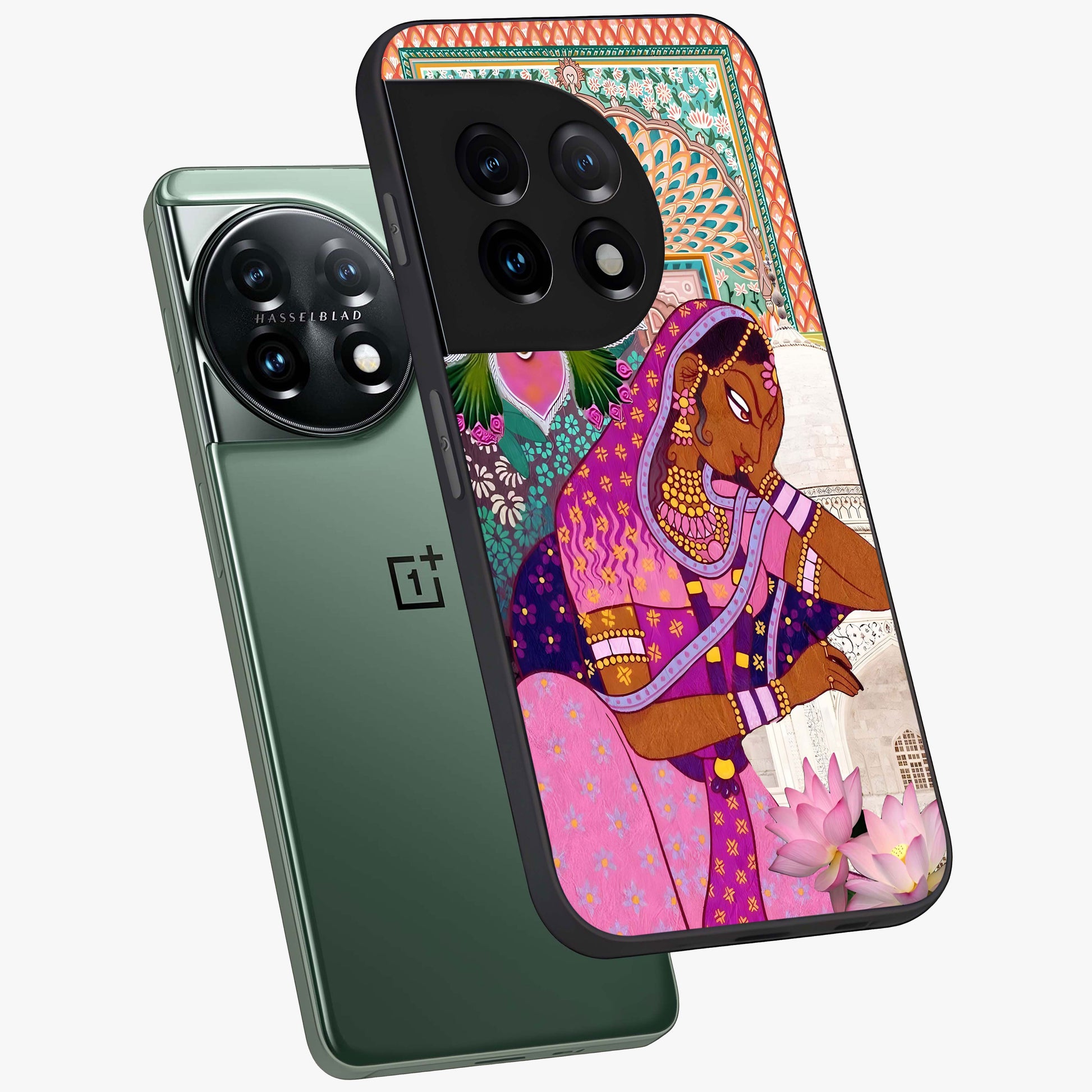 Royal Lotus Muse Glass Case for 1+11 angled mockup showcasing glossy finish and refined floral tones