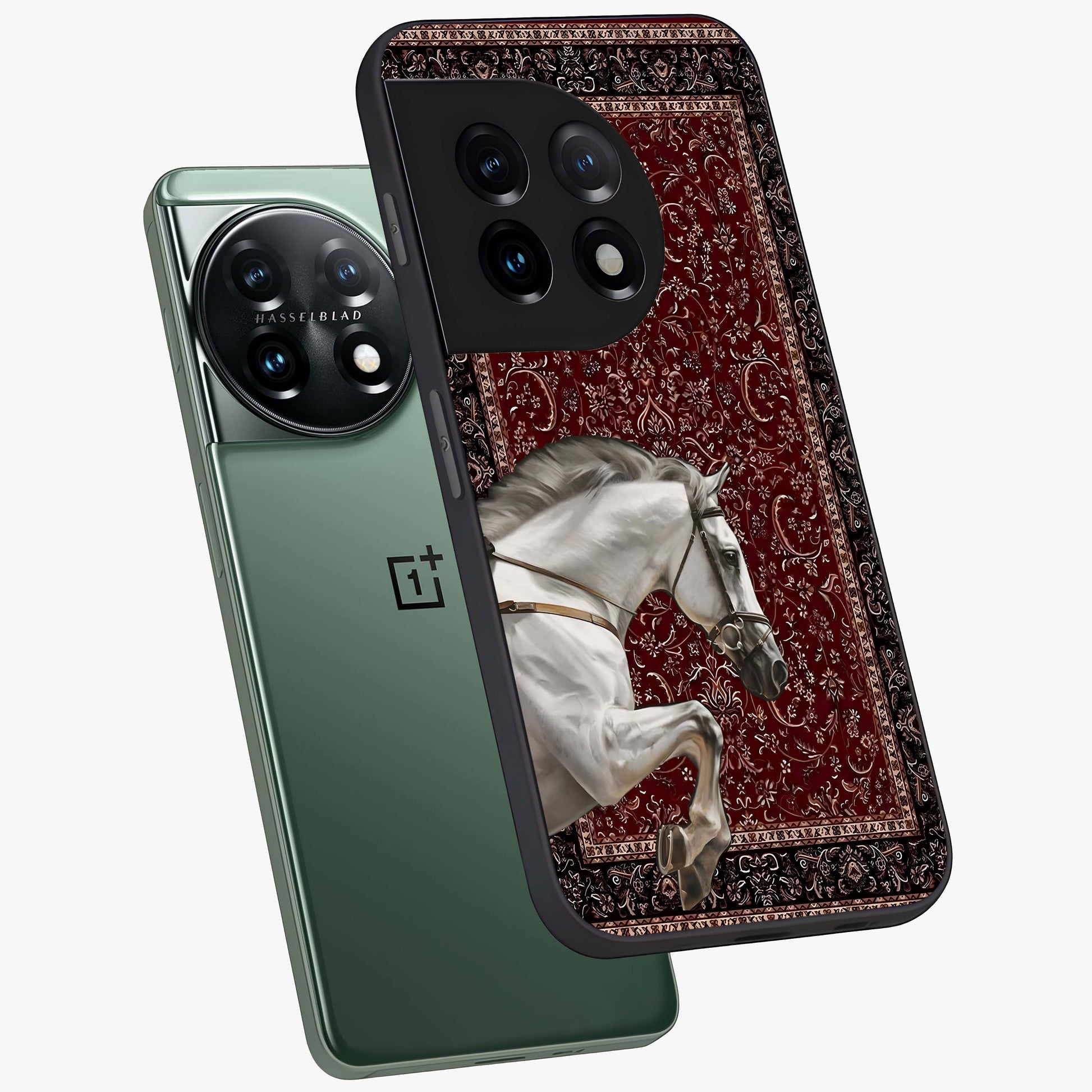 Royal Rider Tapestry Glass Case for 1+11 angled mockup showcasing glossy finish and heritage inspired detailing