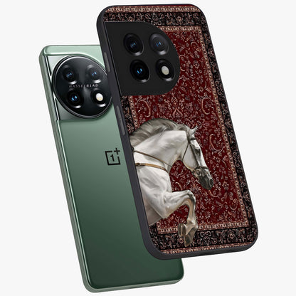 Royal Rider Tapestry Glass Case for 1+11 angled mockup showcasing glossy finish and heritage inspired detailing