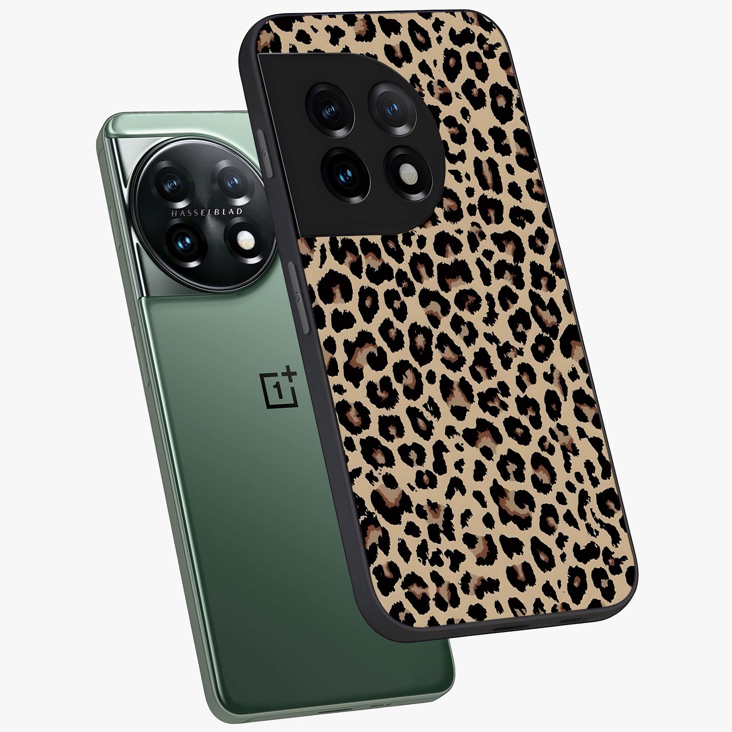 Savage Chic Pattern Glass Case for 1+11 angled mockup showcasing glossy finish and modern graphic detailing