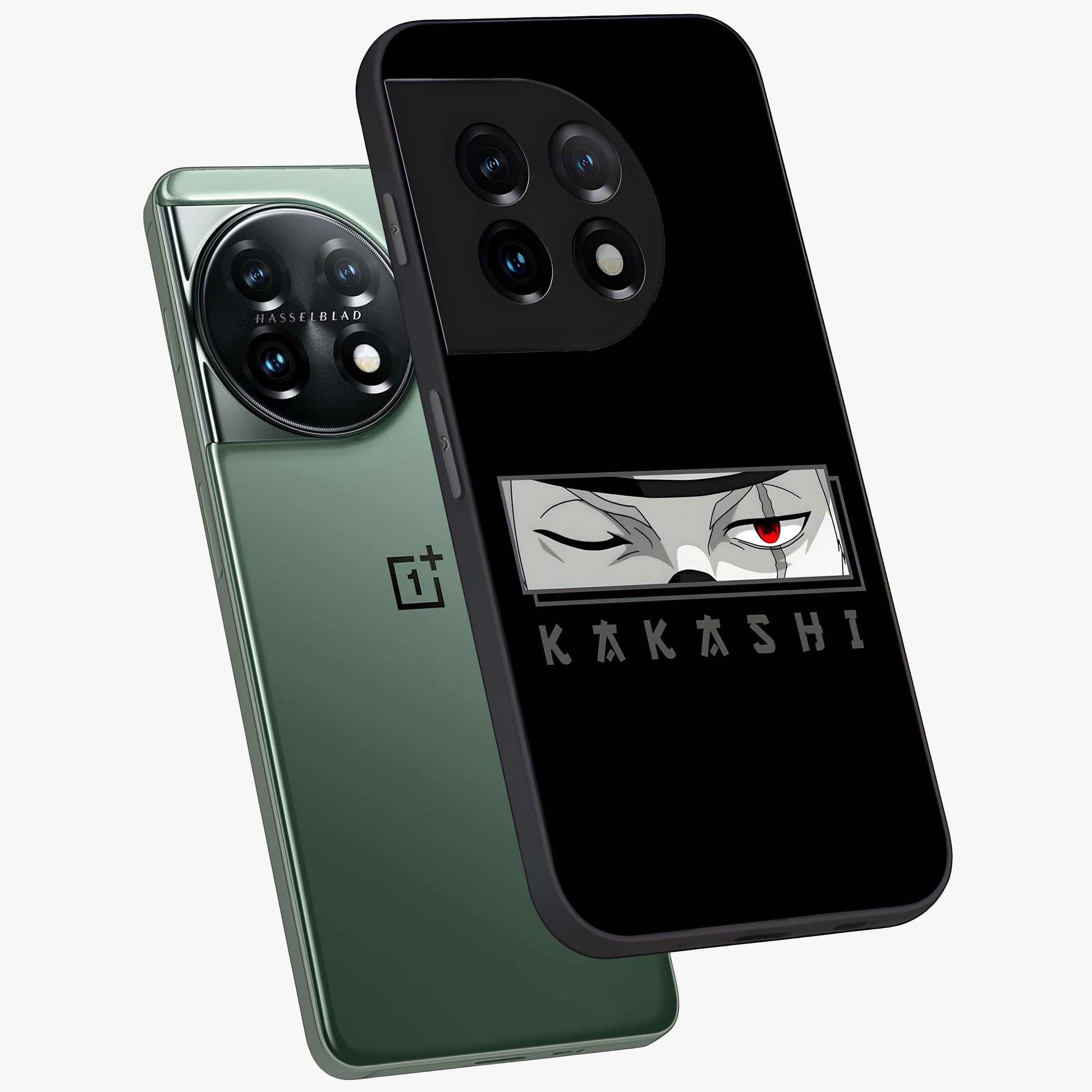 Scarlet Ninja Gaze Glass Case for 1+11 angled mockup showcasing glossy finish and sharp warrior detailing