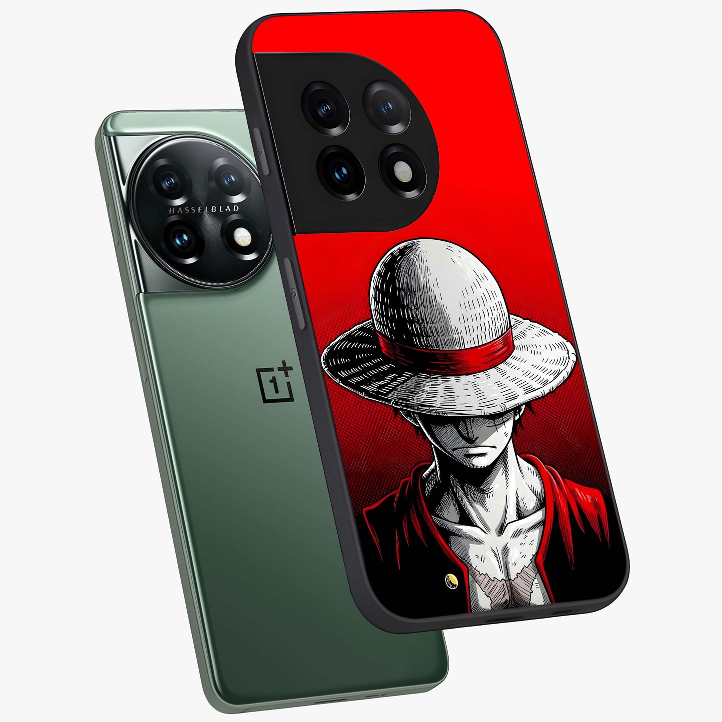 Scarlet Pirate Resolve Glass Case for 1+11 angled mockup showcasing glossy finish and dramatic adventurous tones