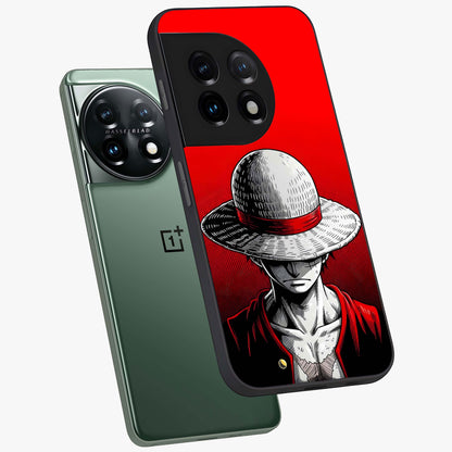 Scarlet Pirate Resolve Glass Case for 1+11 angled mockup showcasing glossy finish and dramatic adventurous tones