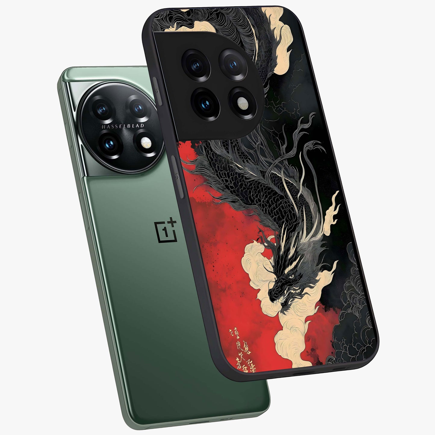 Shadow Dragon Fury Glass Case for 1+11 angled mockup showcasing glossy finish and powerful fantasy detailing