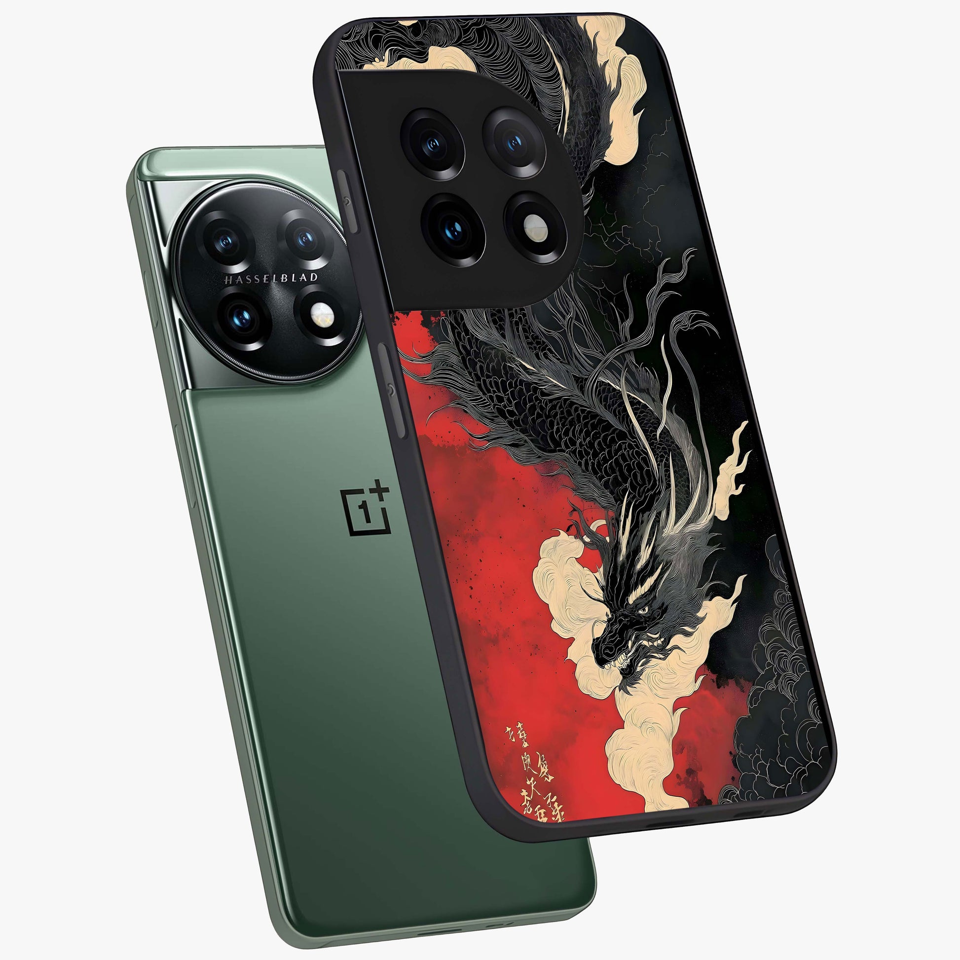 Shadow Dragon Fury Glass Case for 1+11 angled mockup showcasing glossy finish and powerful fantasy detailing