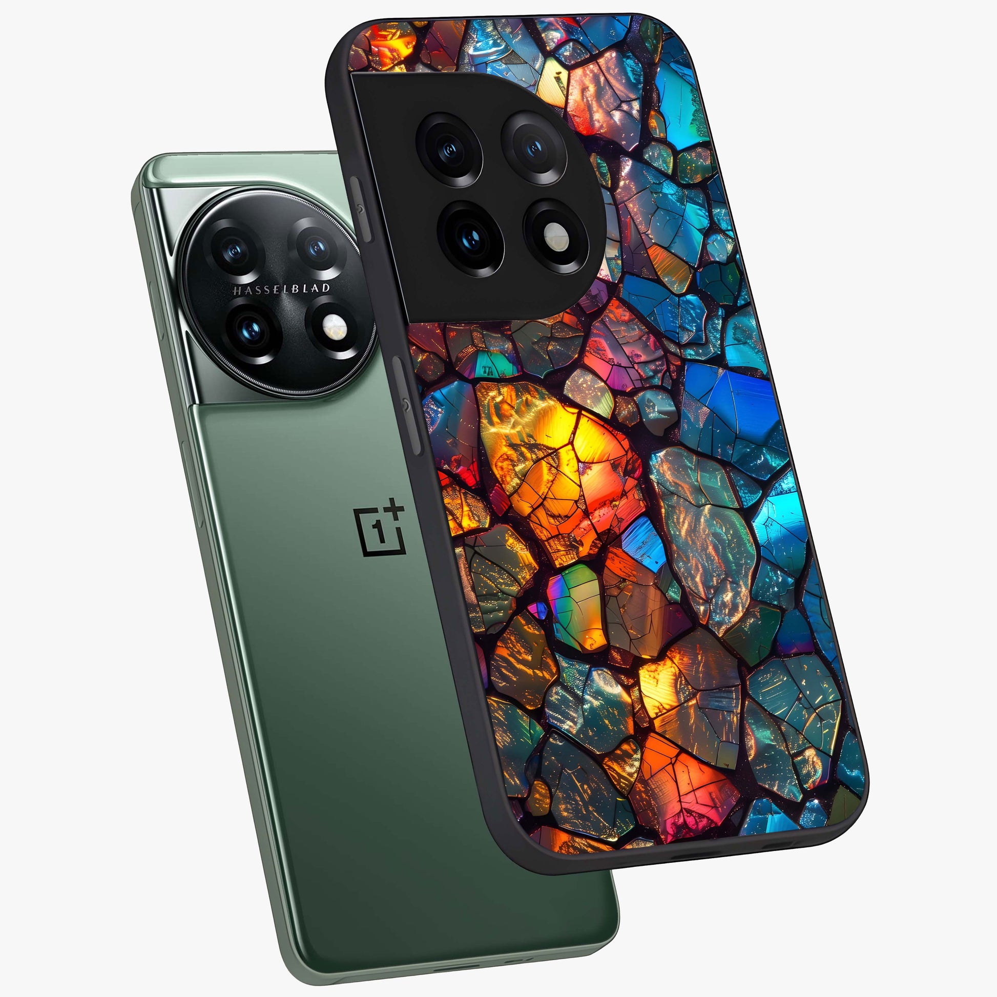 Shattered Light Glass Case for 1+11 angled mockup showcasing glossy finish and high contrast detailing