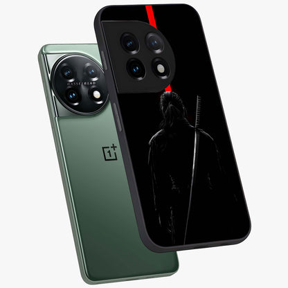 Silent Blade Resolve Glass Case for 1+11 angled mockup showcasing glossy finish and dramatic shadow detailing