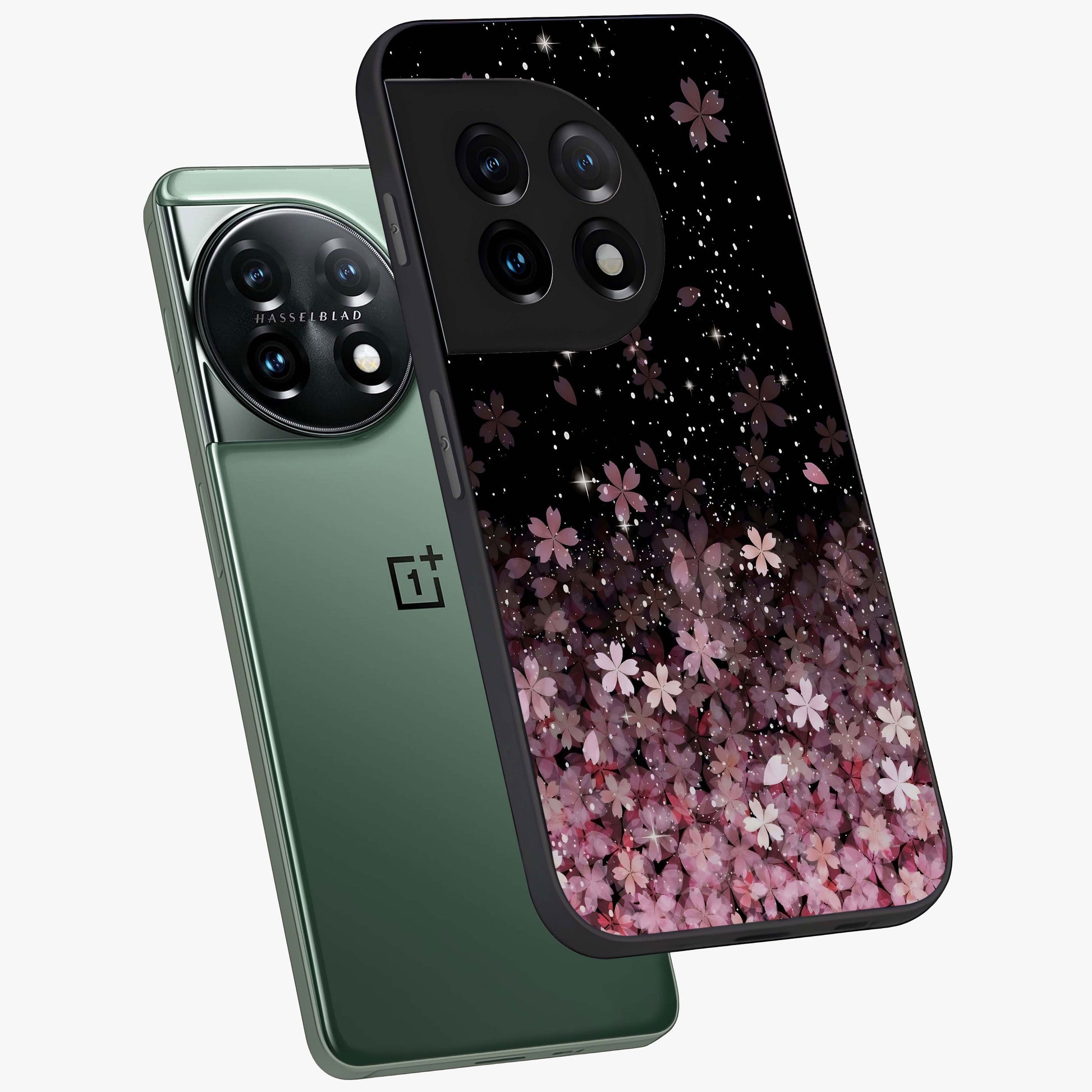 Small Starry Flowers Glass Case for 1+11 angled mockup showcasing glossy finish and soft pastel tones