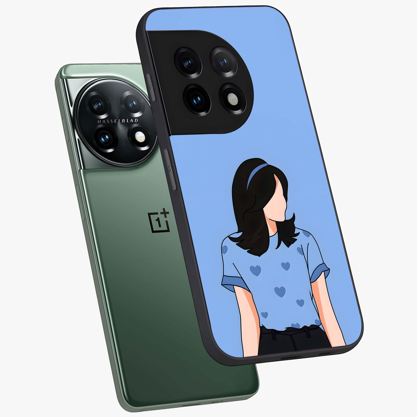 Soft Hearts Girl Glass Case for 1+11 angled mockup showcasing glossy finish and pastel romantic tones