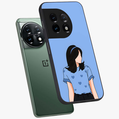 Soft Hearts Girl Glass Case for 1+11 angled mockup showcasing glossy finish and pastel romantic tones