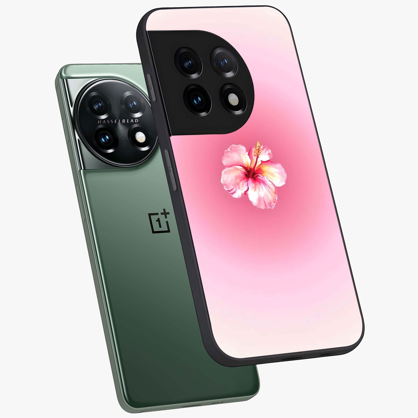 Soft Petal Serenity Glass Case for 1+11 angled mockup showcasing glossy finish and calming bloom detailing
