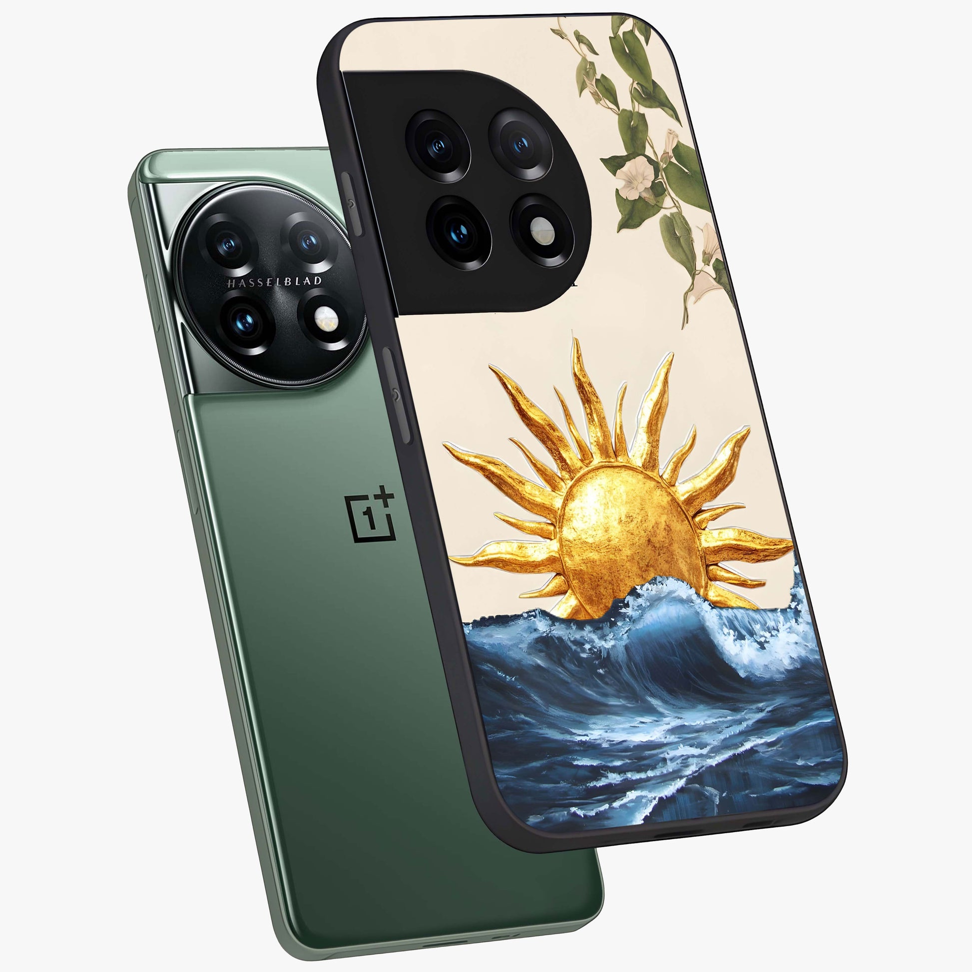 Solar Wave Bloom Glass Case for 1+11 angled mockup showcasing glossy finish and warm luminous tones
