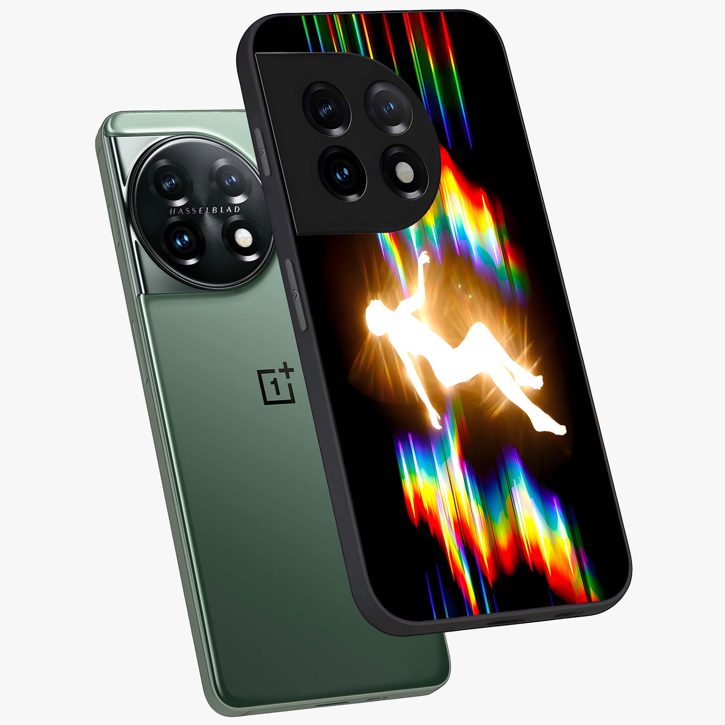 Soul in Spectrum Glass Case for 1+11 angled mockup showcasing glossy finish and vibrant gradient detailing