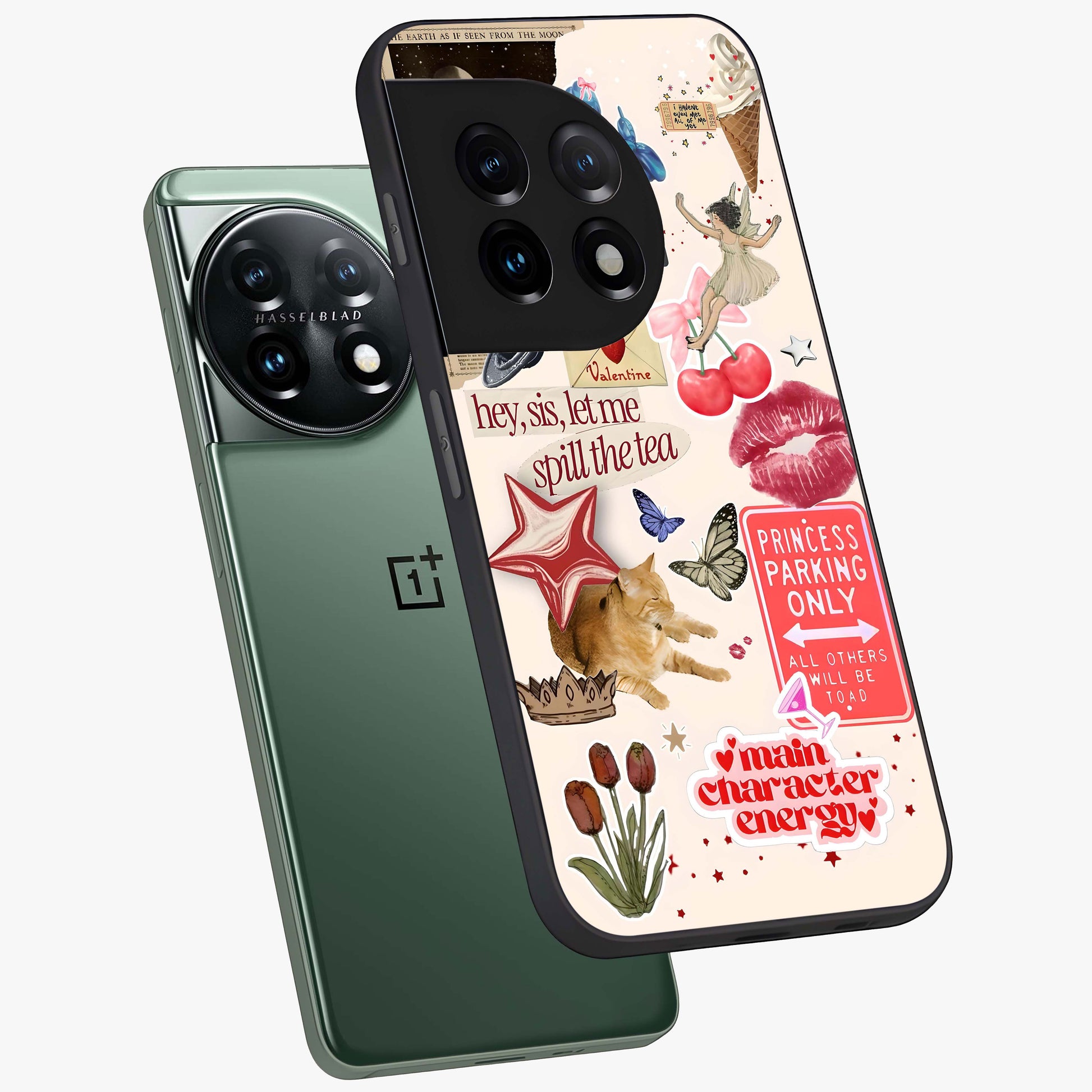 Spill the Tea Retro Collage Glass Case for 1+11 angled mockup showcasing glossy finish and bold retro detailing