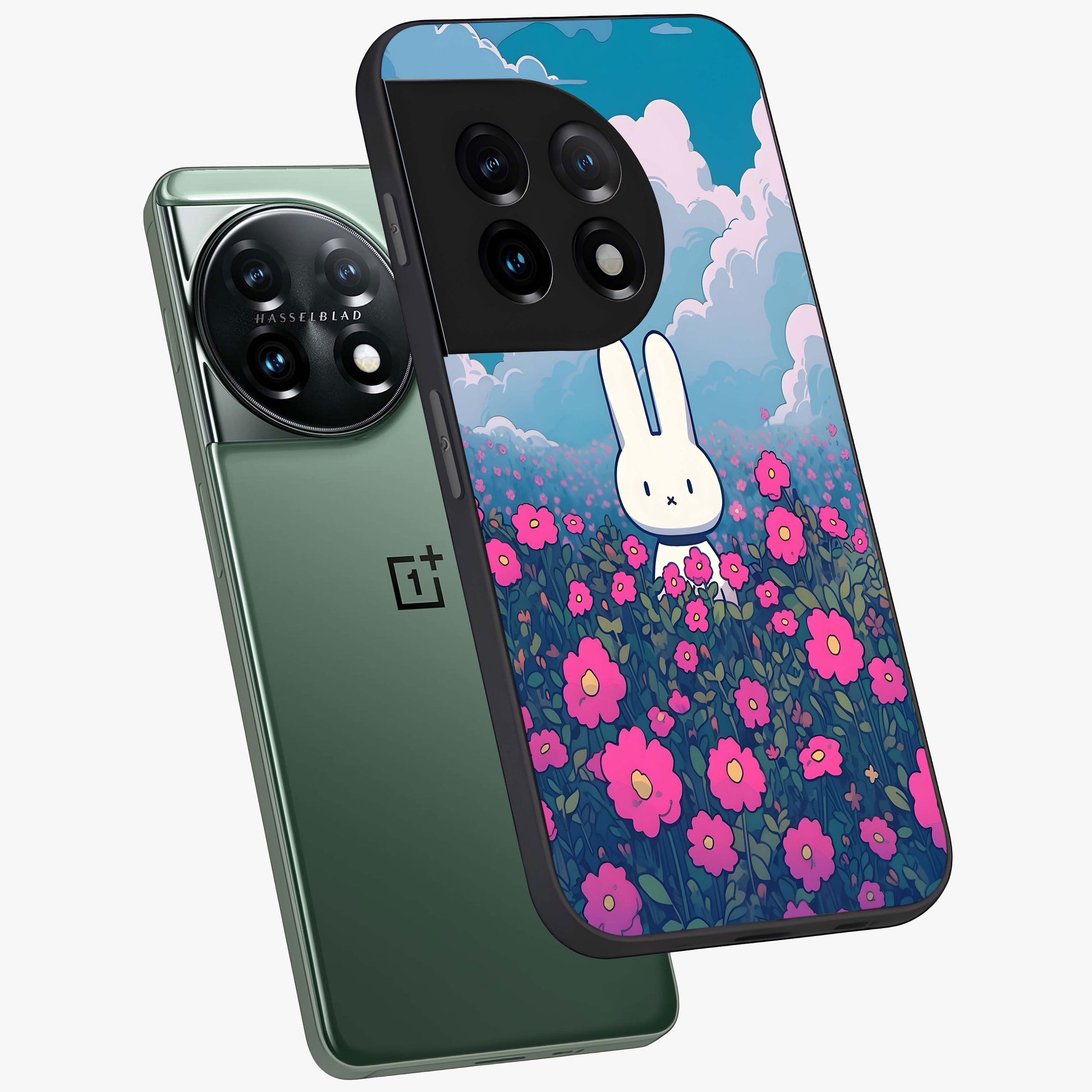Springtime Blossom Bunny Glass Case for 1+11 angled mockup showcasing glossy finish and soft pastel tones