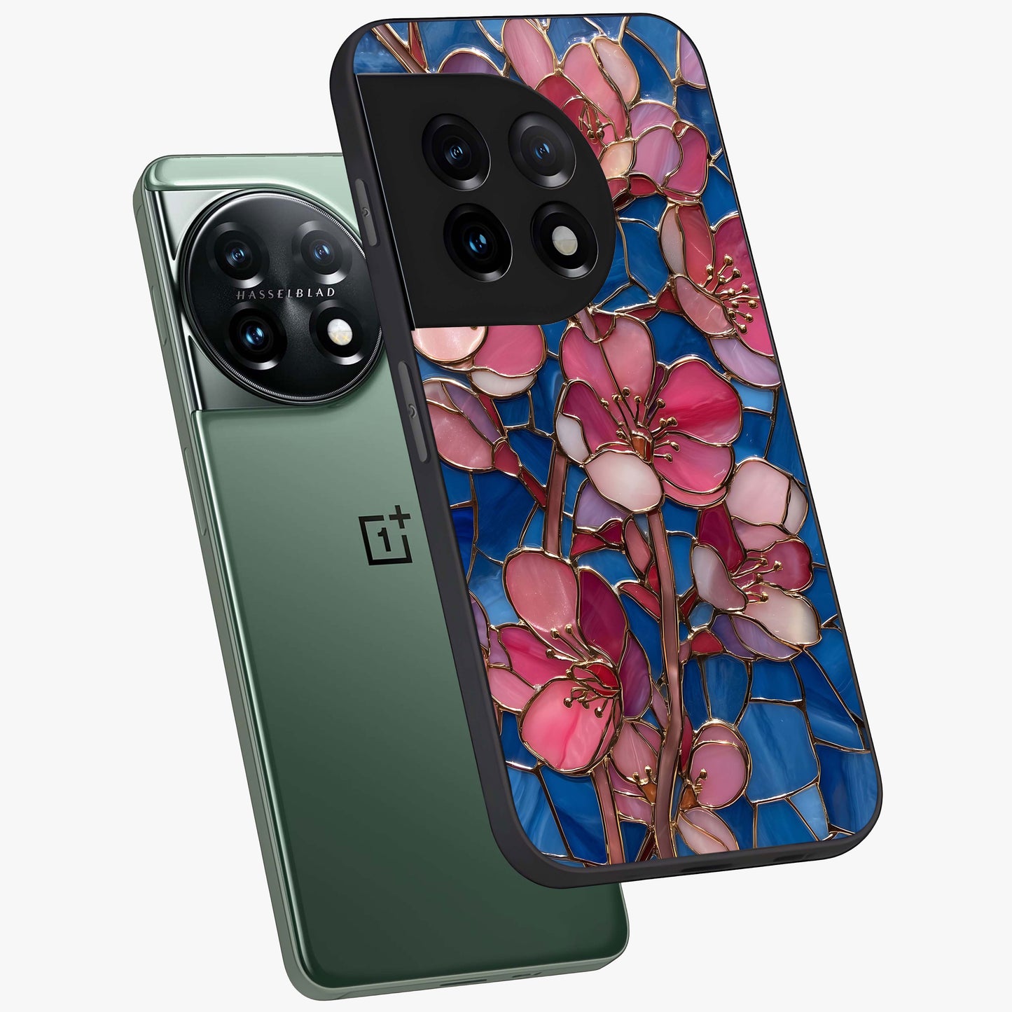 Stained Bloom Grace Glass Case for 1+11 angled mockup showcasing glossy finish and vibrant mosaic tones