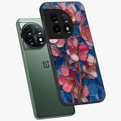 Stained Bloom Grace Glass Case for 1+11 angled mockup showcasing glossy finish and vibrant mosaic tones