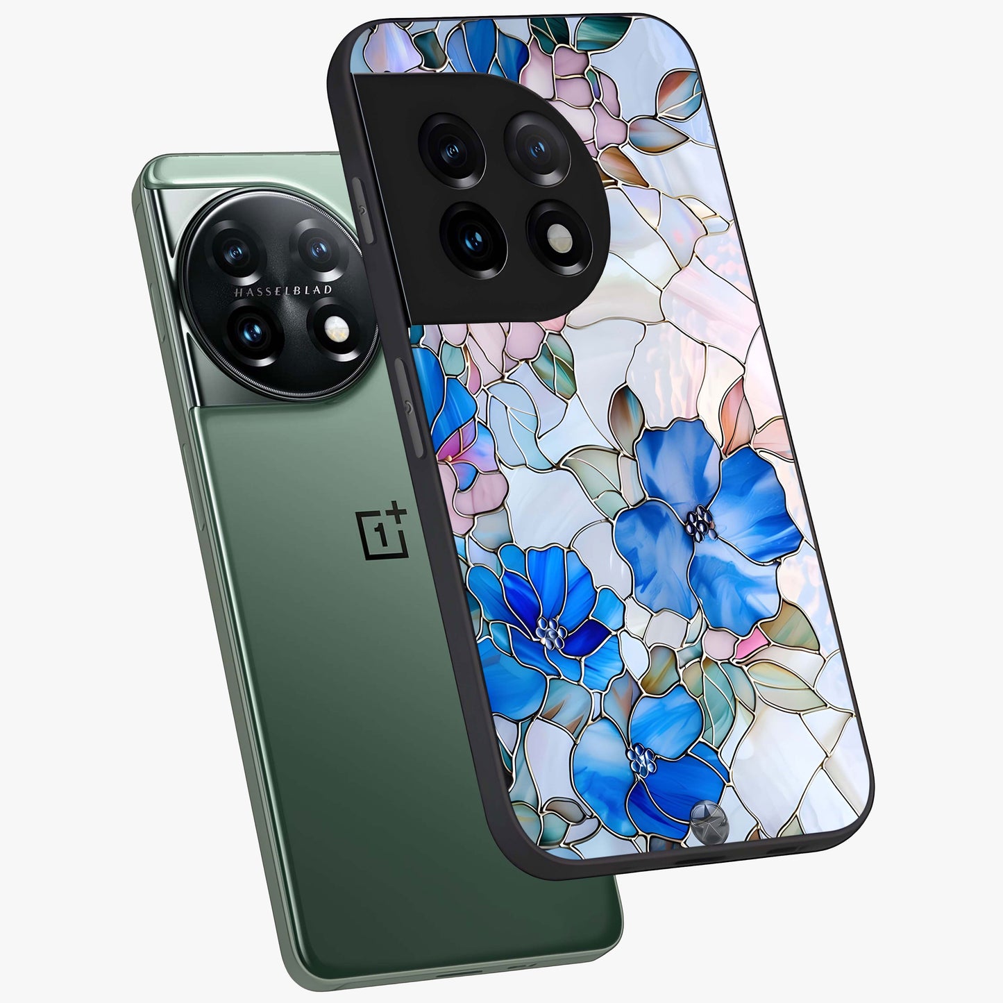 Stained Blue Floral Glass Case for 1+11 angled mockup showcasing glossy glass finish and rich sapphire tones