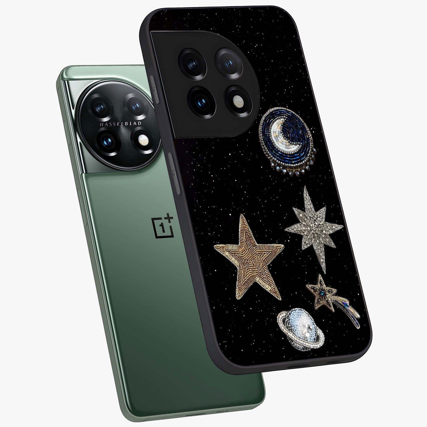 Starlit Cosmic Dreams Glass Case for 1+11 angled mockup showcasing glossy finish and deep space gradients