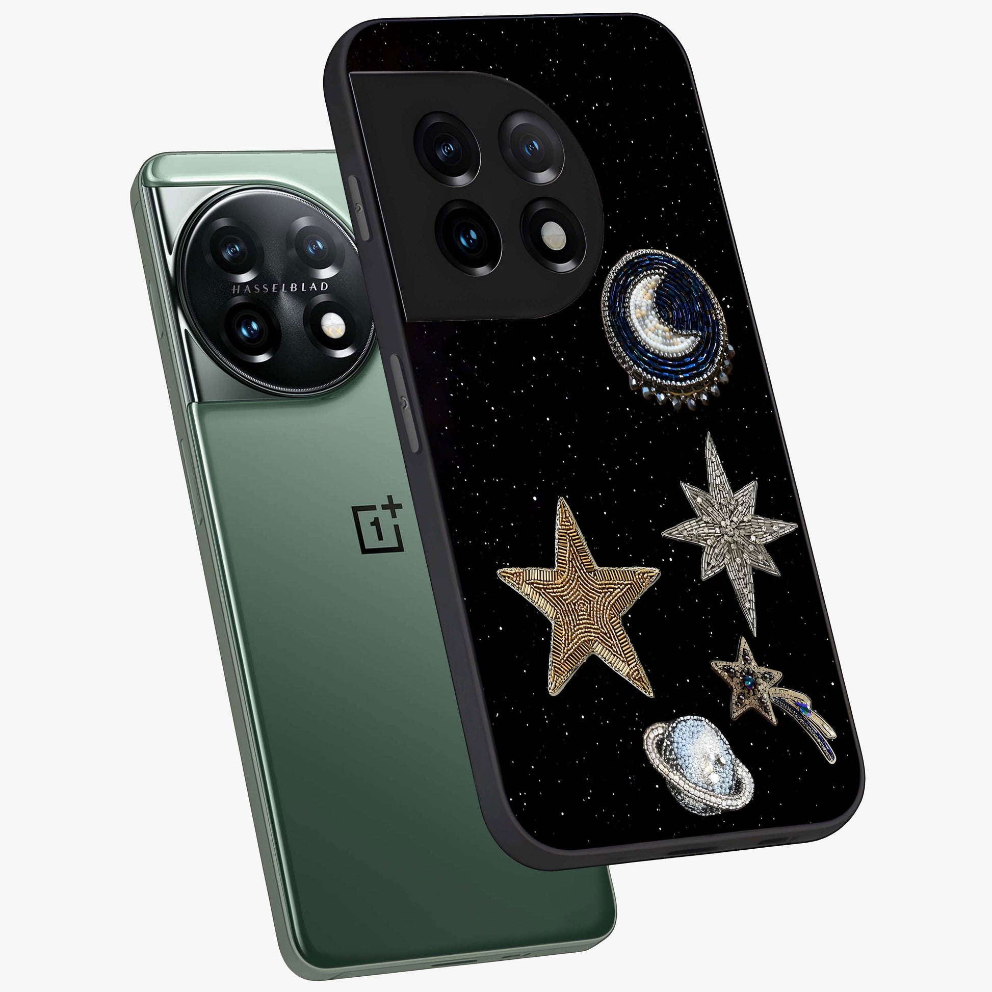 Starlit Cosmic Dreams Glass Case for 1+11 angled mockup showcasing glossy finish and deep space gradients