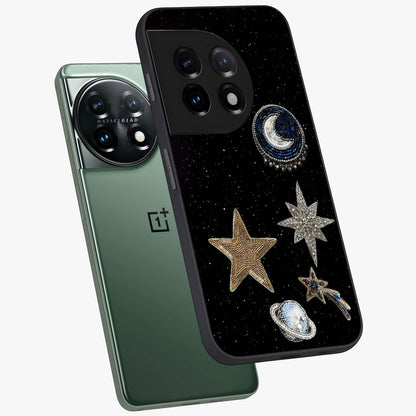 Starlit Cosmic Dreams Glass Case for 1+11 angled mockup showcasing glossy finish and deep space gradients