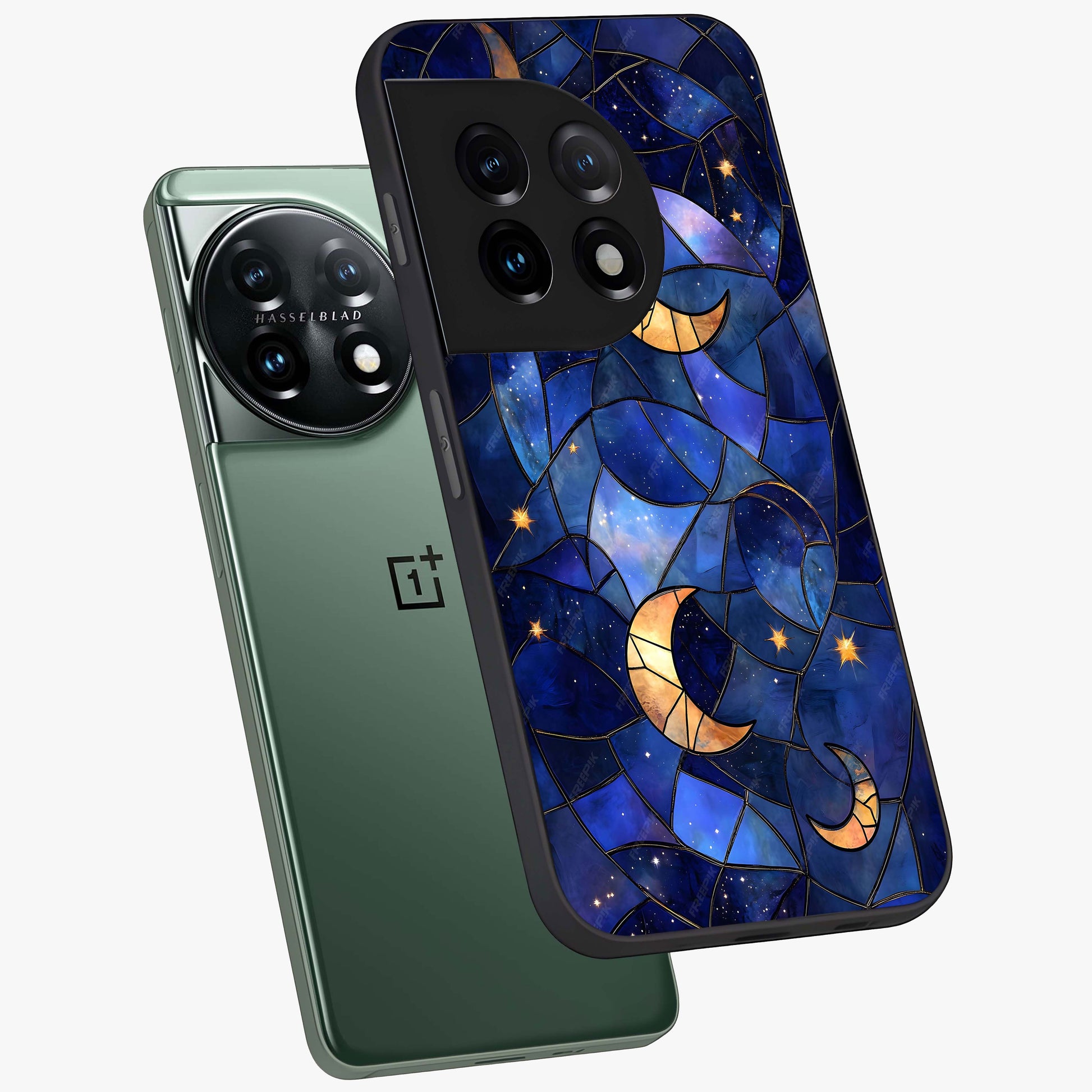 Starlit Sky Tapestry Glass Case for 1+11 angled mockup showcasing glossy finish and rich night tones