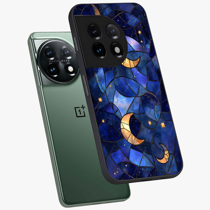 Starlit Sky Tapestry Glass Case for 1+11 angled mockup showcasing glossy finish and rich night tones