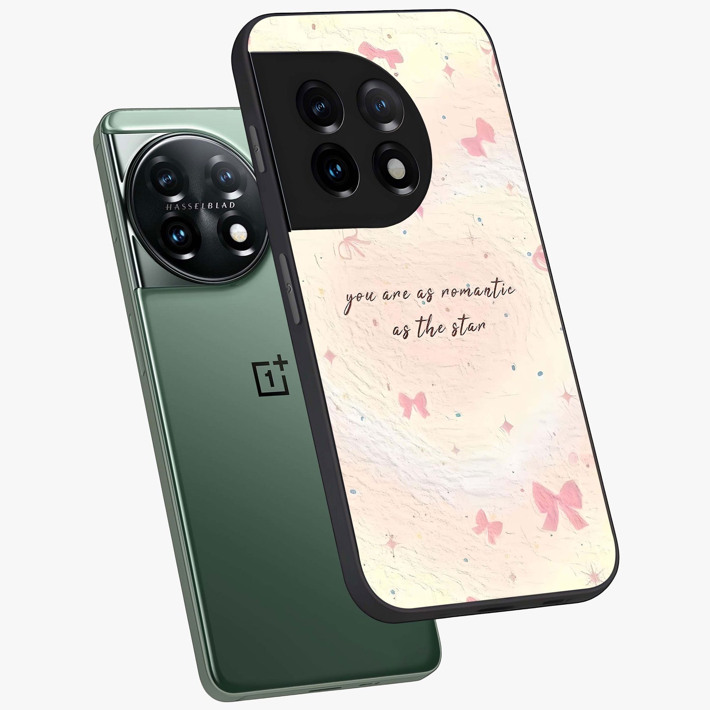 Starry Bow Romance Glass Case for 1+11 angled mockup showcasing glossy finish and soft dreamy tones
