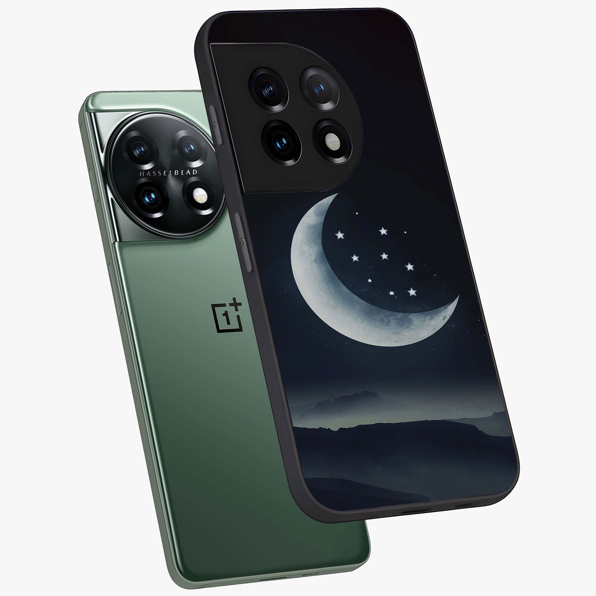 Starry Moon Pattern Glass Case for 1+11 angled mockup showcasing glossy glass finish and deep night tones