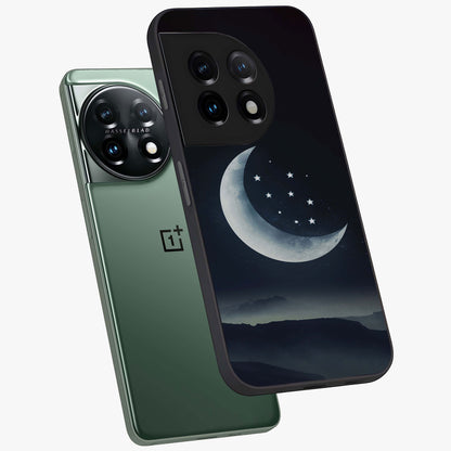 Starry Moon Pattern Glass Case for 1+11 angled mockup showcasing glossy glass finish and deep night tones