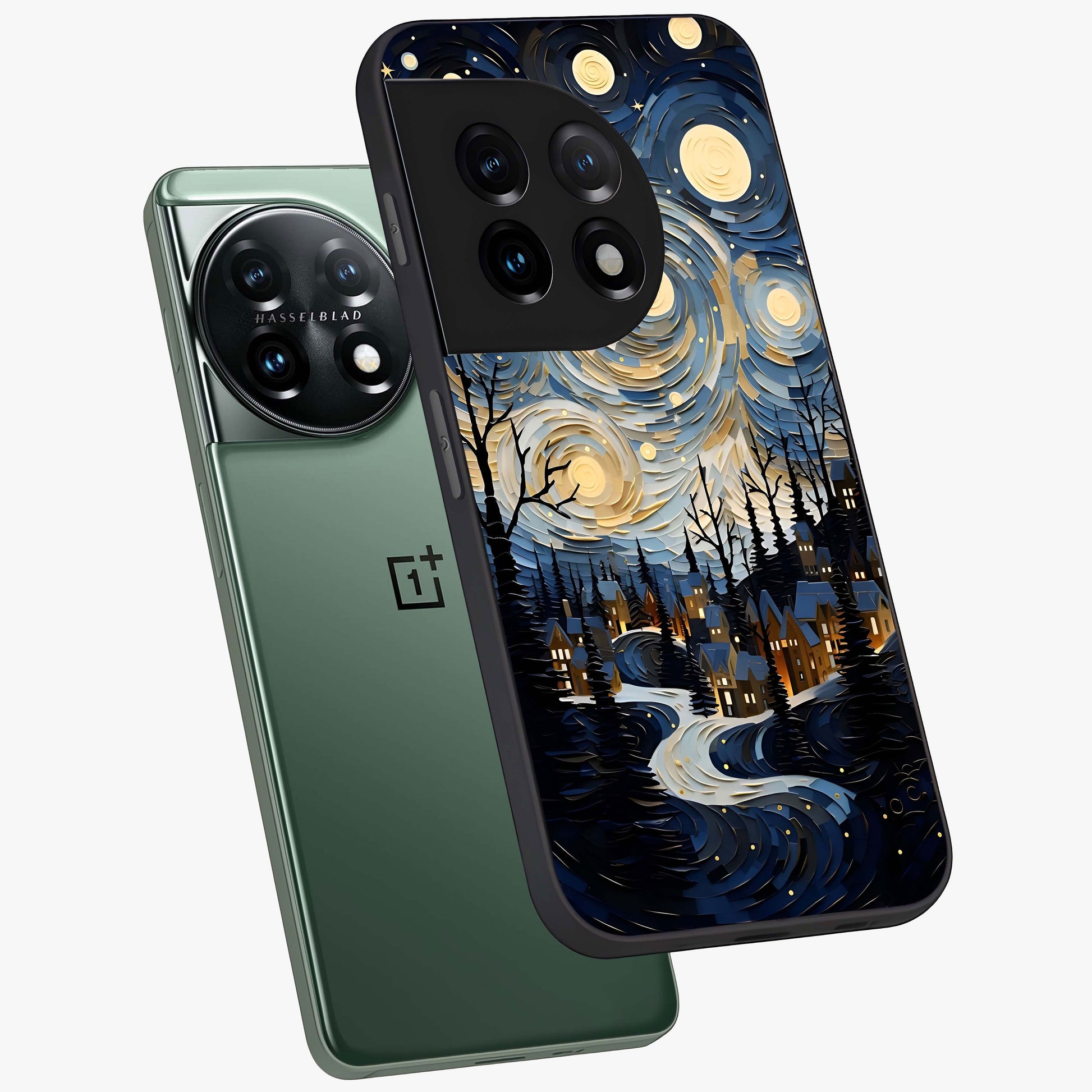 Starry Winter Town Glass Case for 1+11 angled mockup showcasing glossy finish and cool winter tones