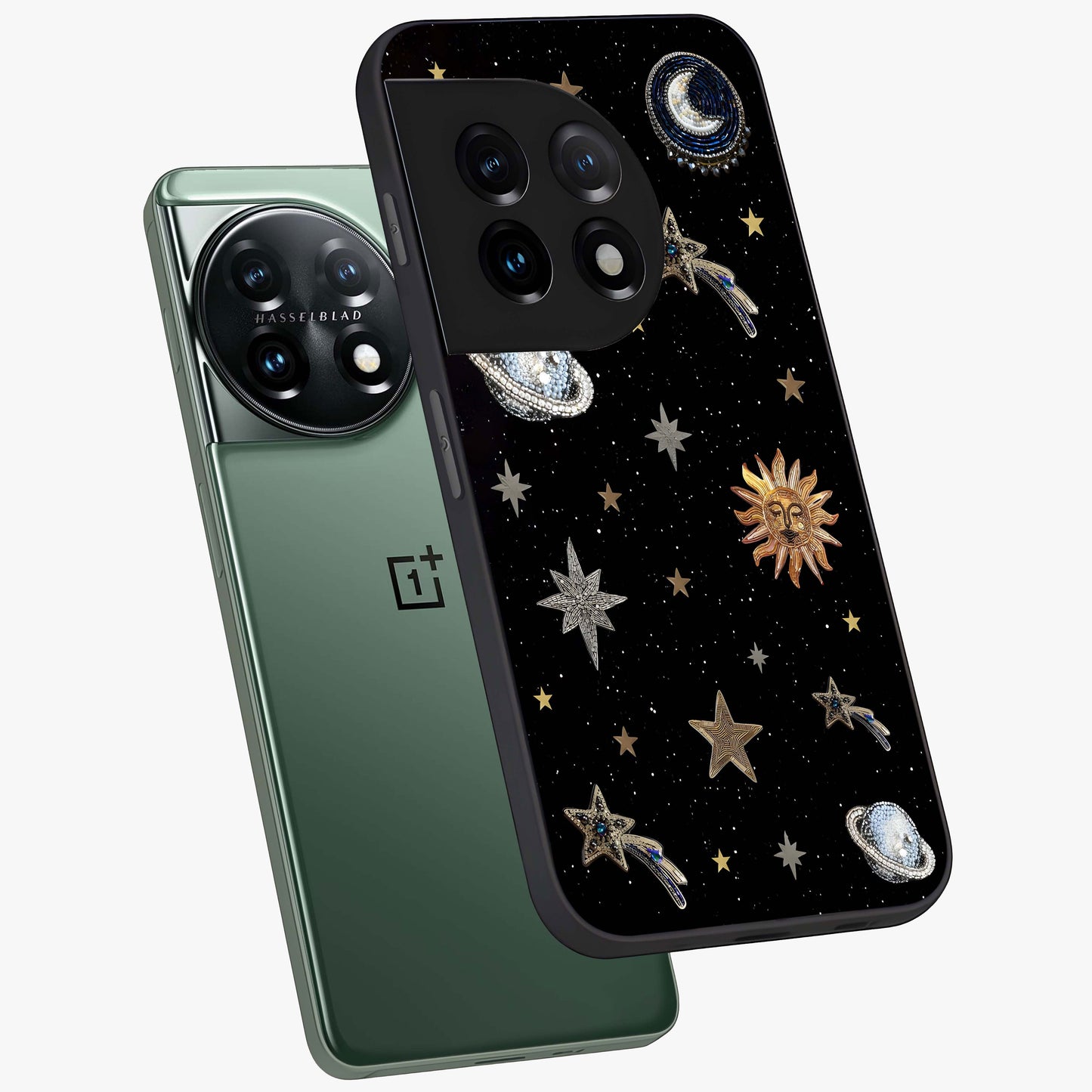 Stars and Planets Brooches Glass Case for 1+11 angled mockup showcasing glossy finish and luminous space tones
