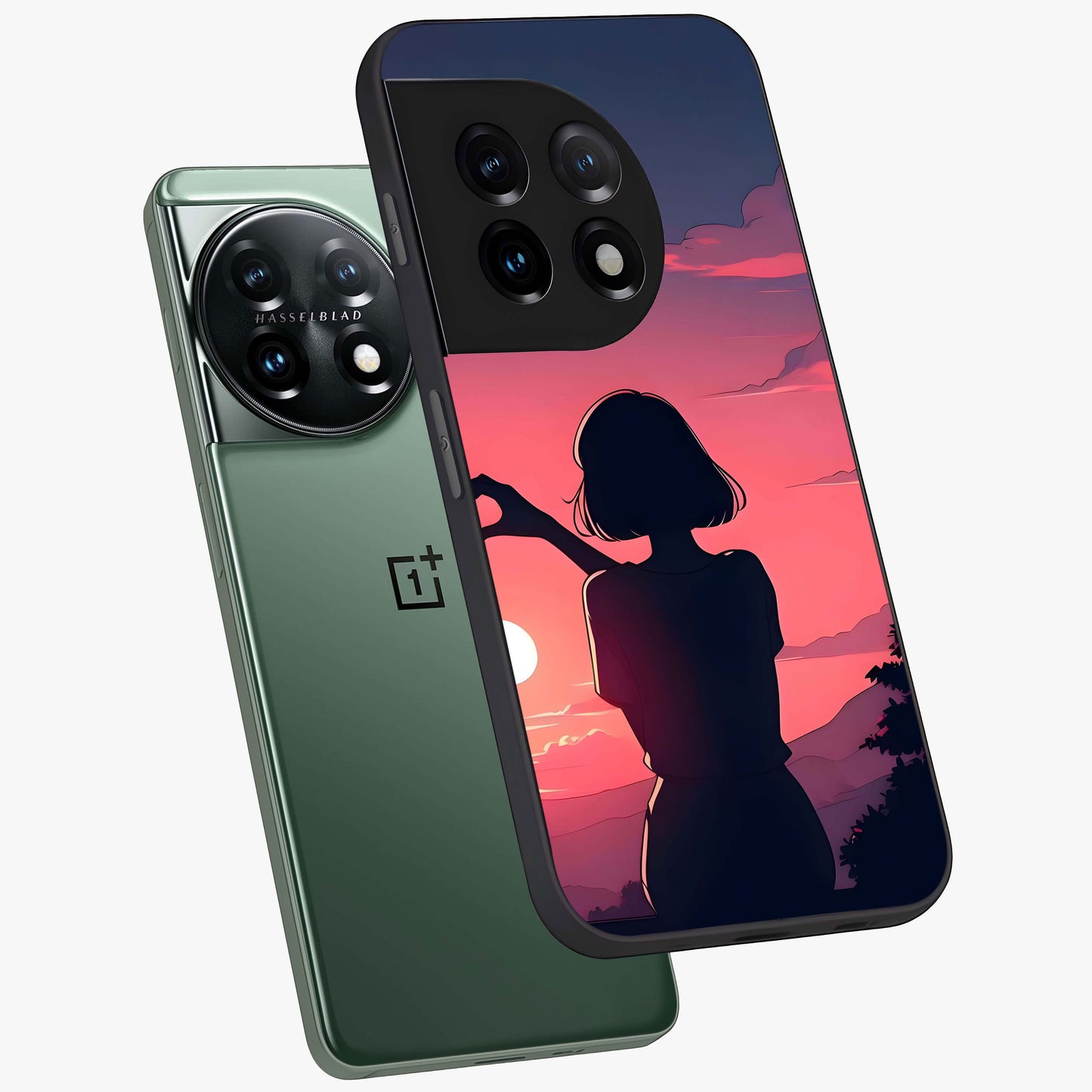 Sunset Silhouette Boy Glass Case for 1+11 angled mockup showcasing glossy finish and rich orange tones