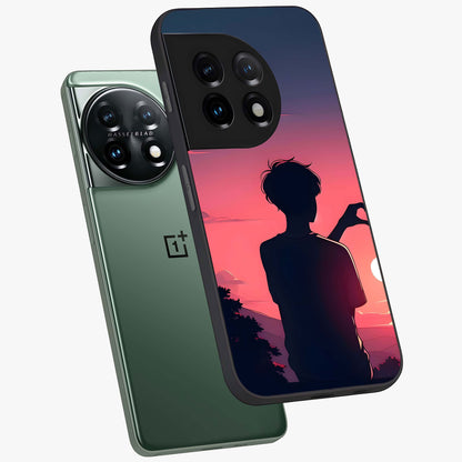 Sunset Silhouette Girl Glass Case for 1+11 angled mockup showcasing glossy finish and warm gradient tones