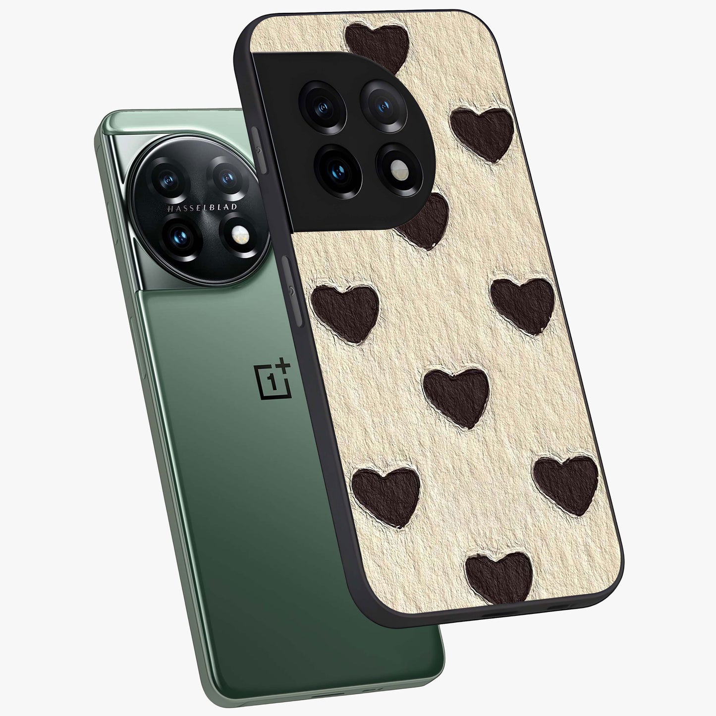 Textured Love Pattern Glass Case for 1+11 angled mockup showcasing glossy finish and subtle pattern detailing