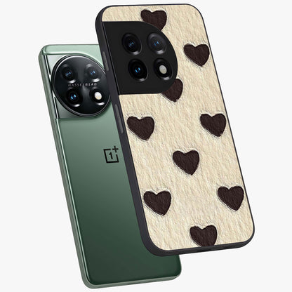 Textured Love Pattern Glass Case for 1+11 angled mockup showcasing glossy finish and subtle pattern detailing