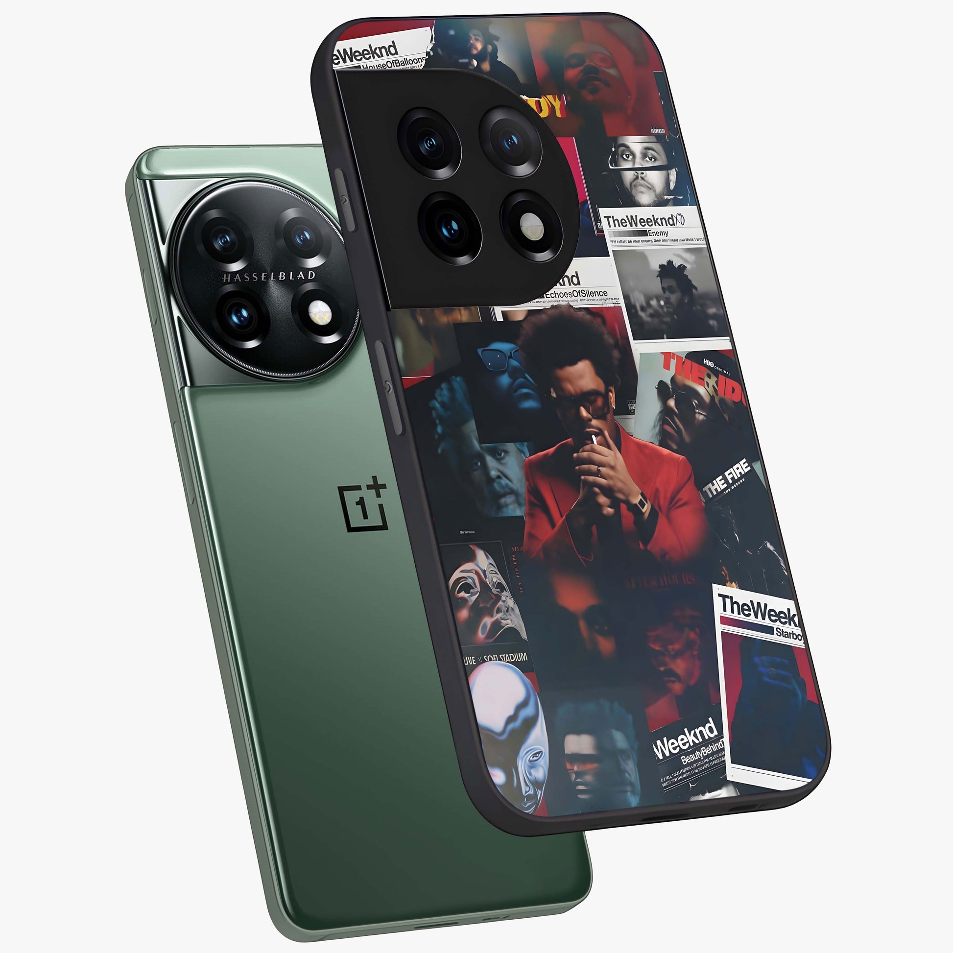 The Weeknd Glass Case for 1+11 angled mockup showcasing glossy finish and bold modern tones