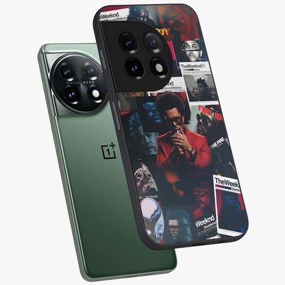 The Weeknd Glass Case for 1+11 angled mockup showcasing glossy finish and bold modern tones