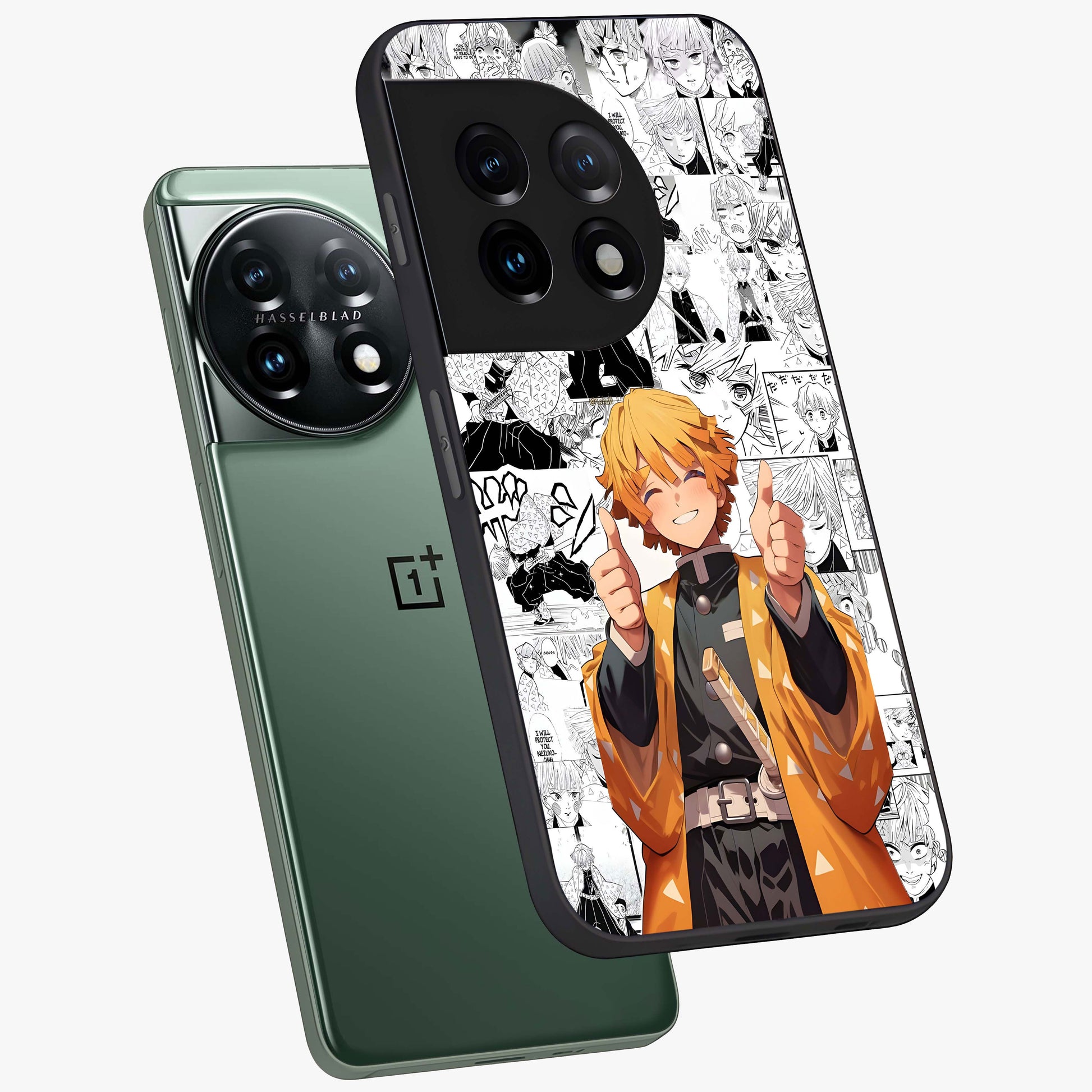 Thunder Smile Hero Glass Case for 1+11 angled mockup showcasing glossy glass finish and high energy detailing